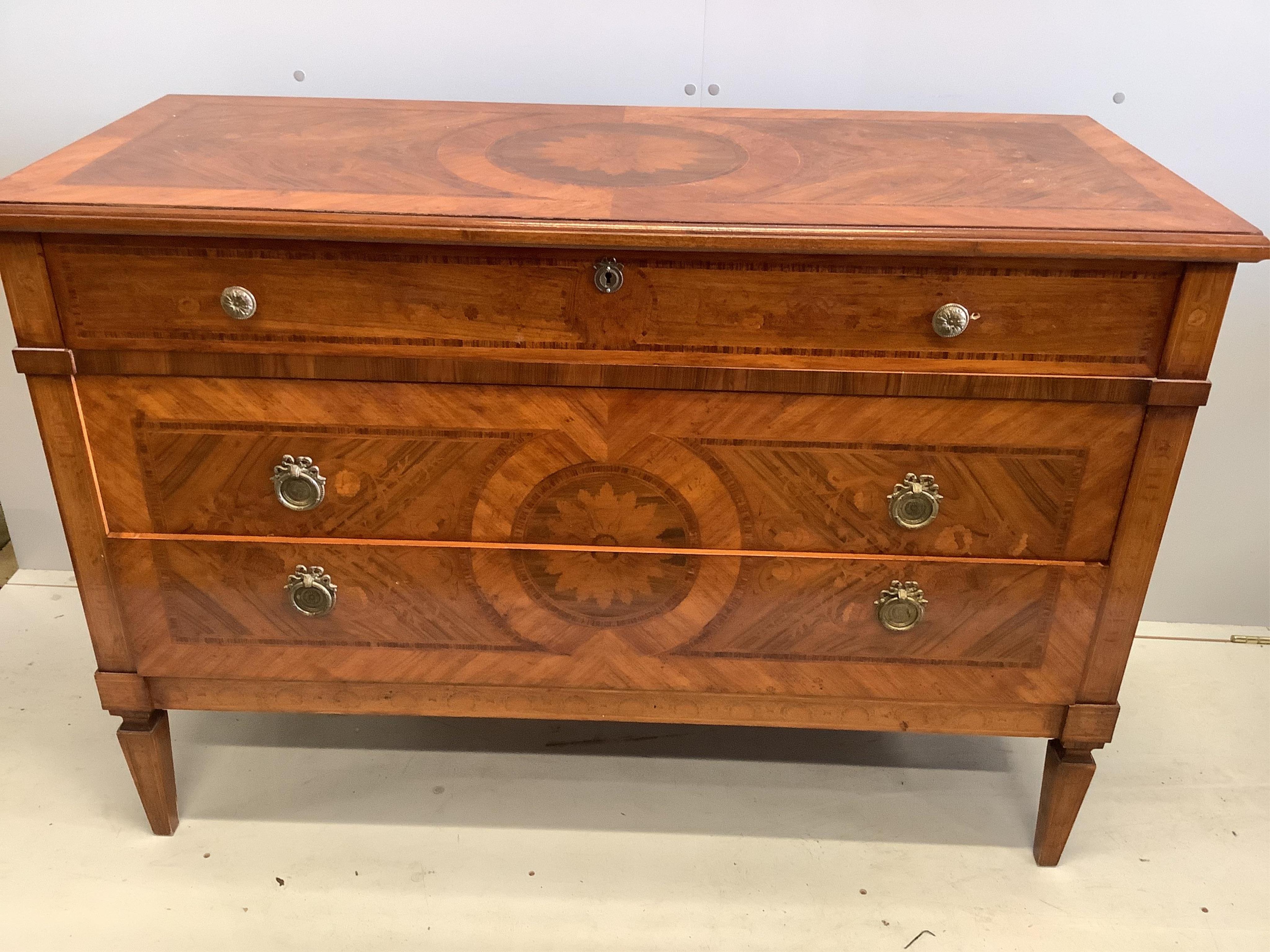 A pair of reproduction Milanese style marquetry inlaid kingwood commodes, width 128cm, depth 54cm, height 88cm. Condition - fair